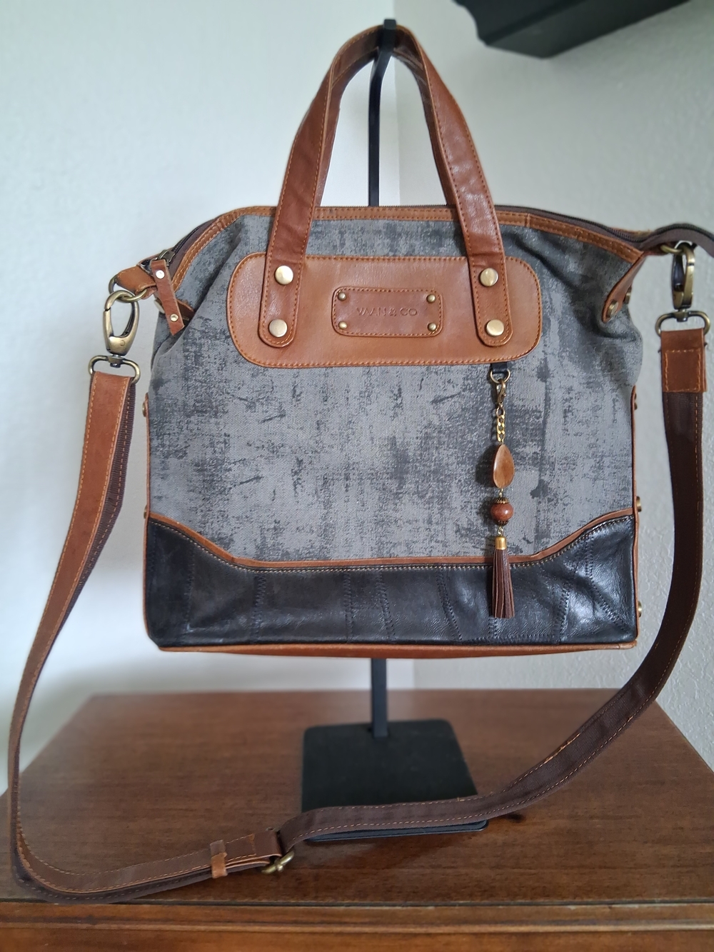 Vaan & Co Gail Grey Two-Tone Gray and Brown Tote Bag with Strap